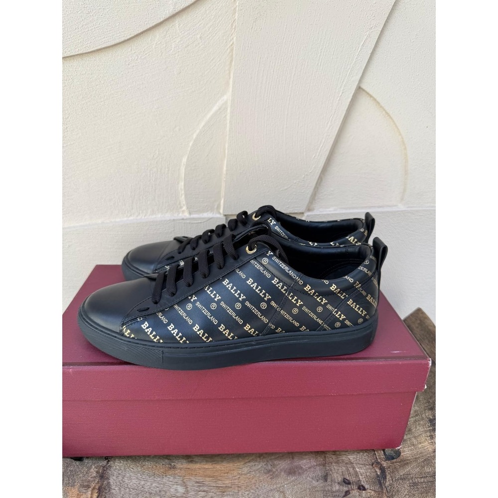 Bally Helmer Metallic Gold Logo All Over Print Leather Low Top Sneaker‎ Shoes 8D